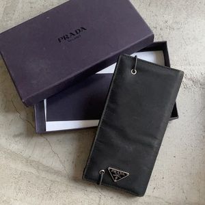 Prada nylon and leather black checkbook wallet